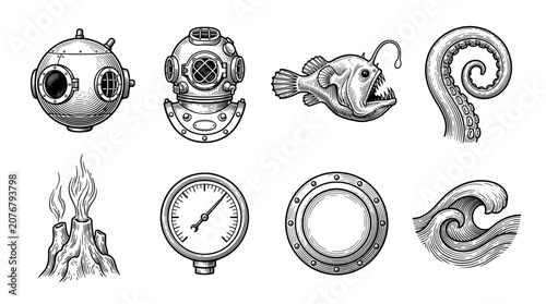 Vintage Hand Drawn Nautical Deep Sea Exploration Vector Set Featuring Diving Helmet, Submersible, Anglerfish, Kraken Tentacle, and Porthole