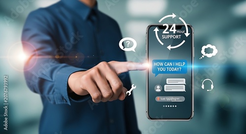 Support professional offering technical assistance with holographic chat, headset, and 24h service icons around a smartphone.