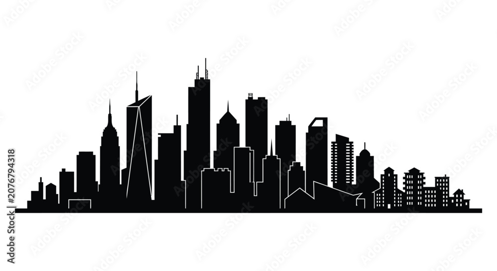 Fototapeta premium Cityscape Silhouette Against White Background Modern Architectural Design