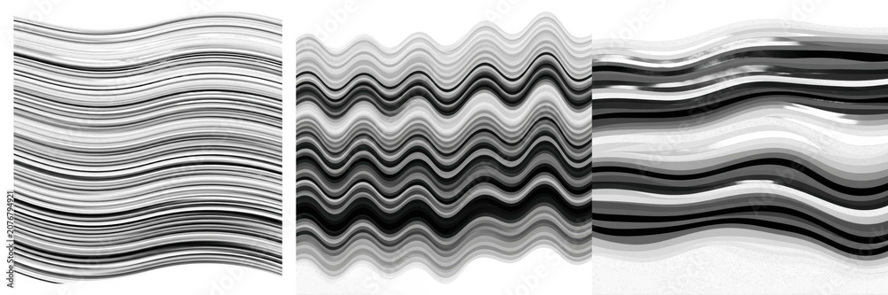 Naklejka premium Set and Collection of black and white abstract wave pattern isolated on white transparent png background.