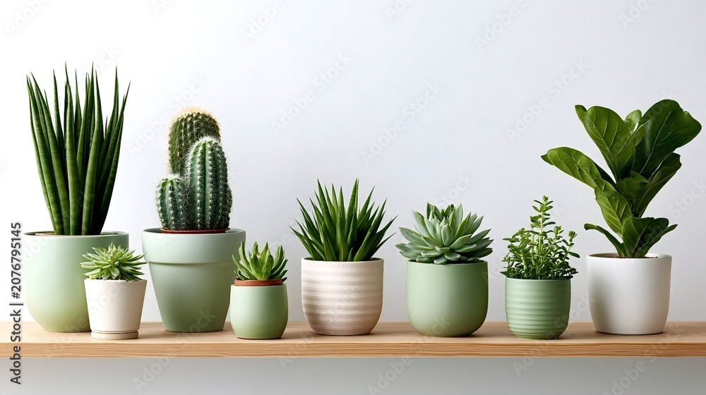 Fototapeta premium Various houseplants. Including succulents. Cacti. And other green foliage. Are arranged neatly in stylish pots on a wooden shelf against a clean white wall