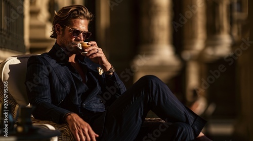Paris France Europe lifestyle. A man in a dark blue pinstripe suit sits on a wicker chair, absorbed in a cup of coffee. He wears aviator sunglasses and a gold watch.
