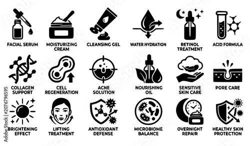 Photos Skincare cosmetic product properties and dermatology icon set featuring black si