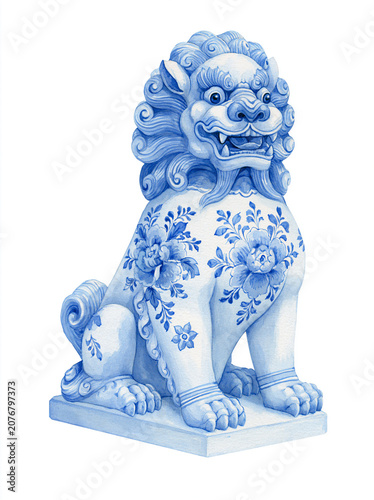 hand-painted Delft blue watercolor clipart, elegant Chinese Foo Dog guardian statue in a seated frontal pose