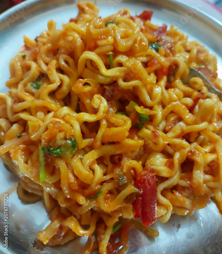 Noodles and veggies in a plate, food photography, home cooked meal background 