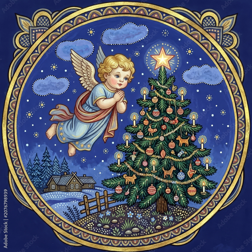 Obraz premium Christmas card. Decorative circular illustration featuring a flying blonde angel looking at a bright star on top of a decorated christmas tree in a snowy landscape.