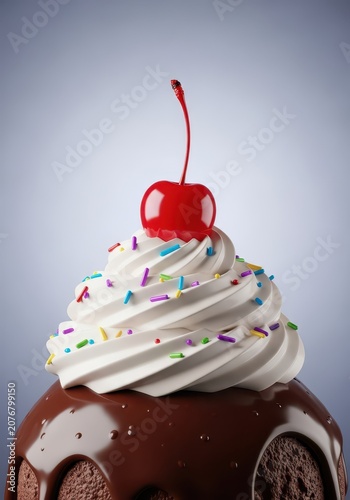A rich chocolate fudge sundae topped generously with sweet vanilla whipped cream, sprinkles, and a bright red cherry, studio shot, sugary, celebration
