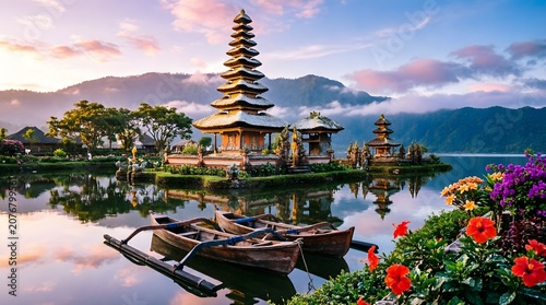 Pura Ulun Danu Bratan water temple Bali Indonesia at colorful sunset with boats and tropical flowers