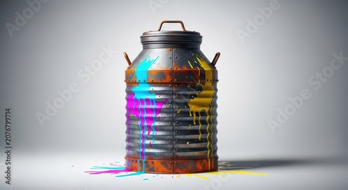 Industrial metal container for storing liquid pigment and chemical mixtures. Essential tool used during renovation and construction projects, pigment, renovation, home improvement