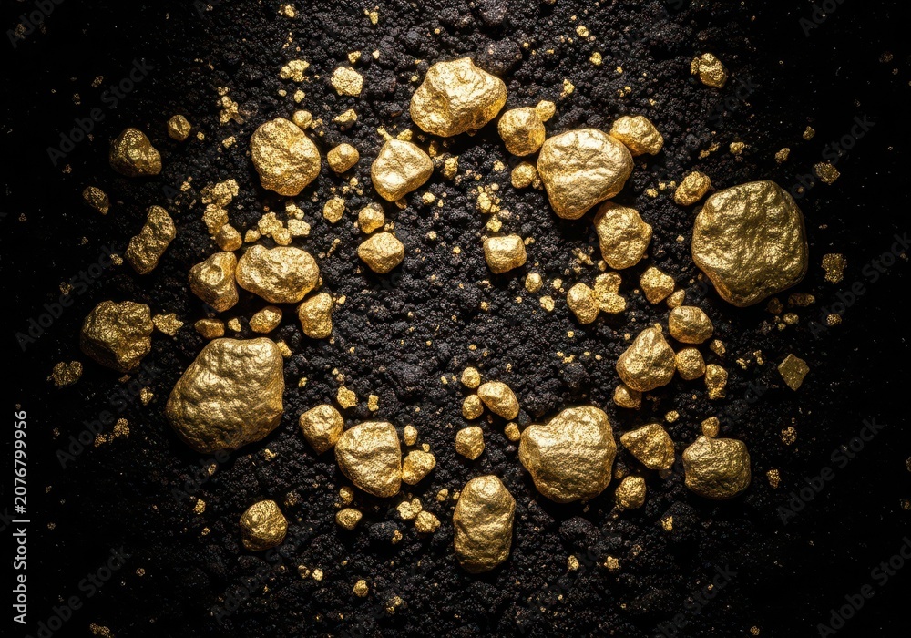 Fototapeta premium Shiny alluvial gold flakes and small nuggets resting on dark, damp, rich earth, representing mineral wealth and prospecting, savings, dirt, finding