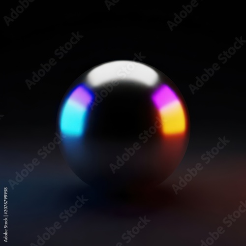 Shiny silver metallic sphere isolated against a dramatic dark black background, emphasizing reflection and smooth surface, element, globe, black