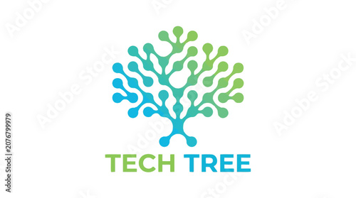 Modern blue and green digital tree vector illustration featuring a sleek minimalist professional tech logo