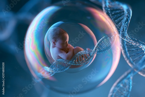 Human fetus developing peacefully inside amniotic sac prenatal. Macro view of human fetus inside transparent gestational sac. Baby inside the purple buble. 