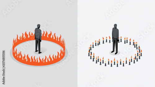 A Solitary Figure Encased in Fire vs. Surrounded by Candles: Two contrasting isometric scenes depict a solitary figure.