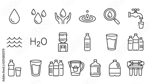 Foto Water, H2O, hydration, icons, 20 symbols, line art, vector graphics, water bottl