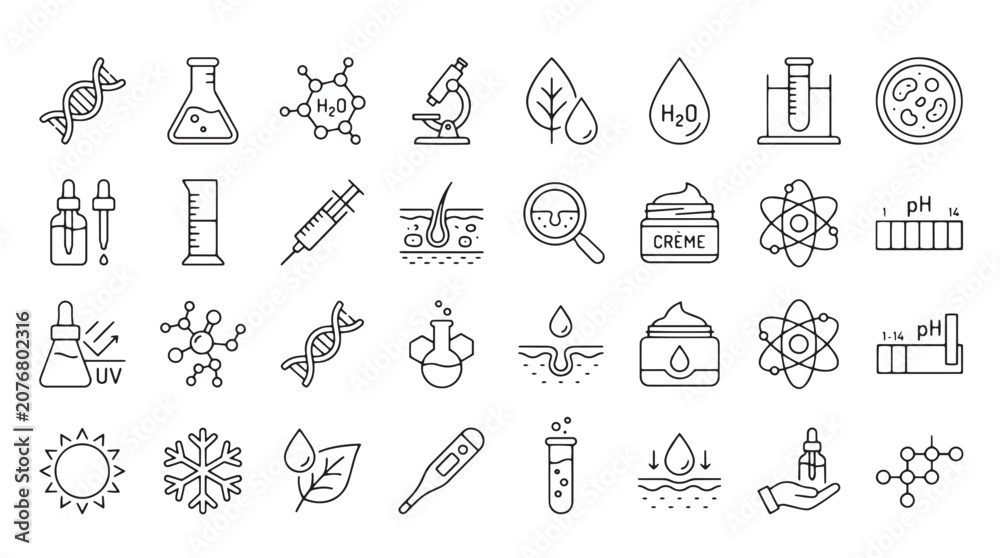 Fototapeta premium Science, biology, chemistry icons set, 25 line style elements, laboratory, research, biotechnology symbols