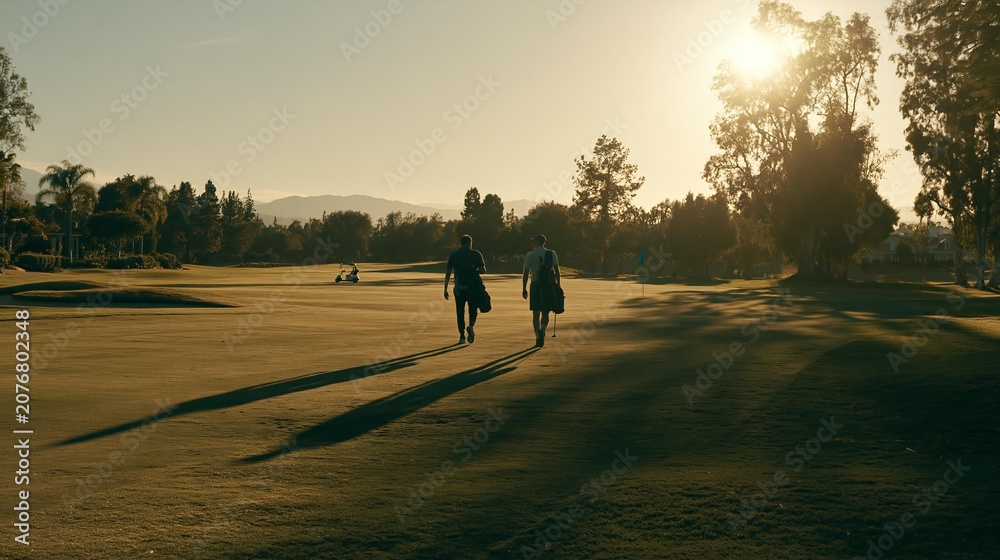 Obraz premium Two male golfers walk down a fairway at sunset, carrying their golf bags