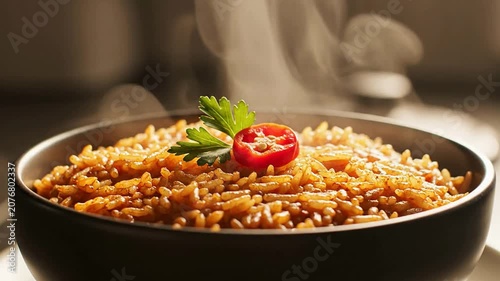 Close-Up Static Shot of Steaming Bowl of West African Jollof Rice with Fresh Tomato and Parsley Garnish