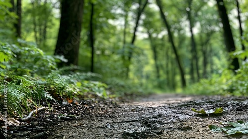 A low angle view of a muddy forest path surrounded by lush green ferns and trees