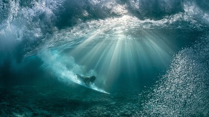 Surfer rides a wave underwater with sunbeams piercing the ocean