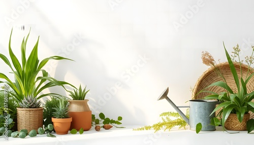 Home Decor with Green Plants and Natural Materials on White Background