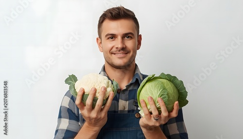 Smiling Man Holding Fresh Cauliflower and Cabbage Isolated on White