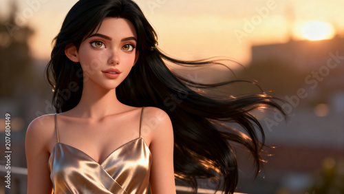  portrait of young woman with hazel eyes, flowing black hair, golden-hour light, satin dress, cinematic composition.