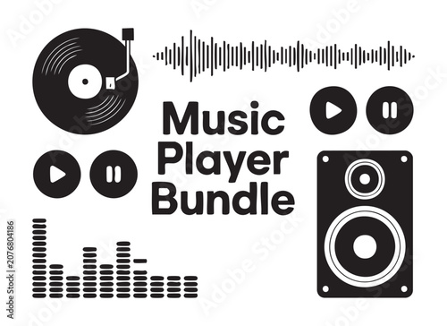 Music player bundle vector illustration set with various elements for sound and entertainment.