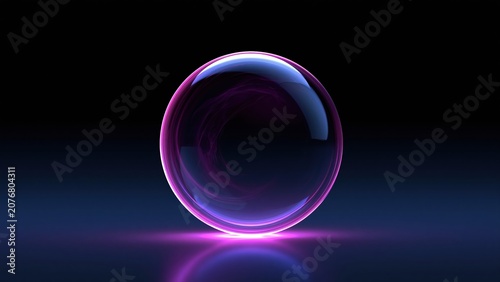 Abstract neon purple glowing sphere on dark reflective background