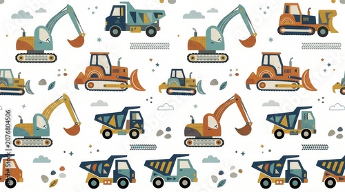 Seamless pattern of cartoon construction vehicles like excavators, dump trucks, and bulldozers