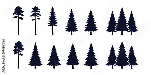 Foto Set of hand drawn pine and evergreen tree silhouettes in dark blue for forest de