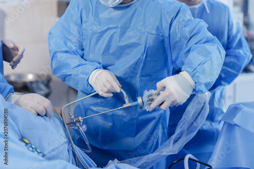 Knee Arthroscopy Procedure with Surgical Instruments in Operating Room