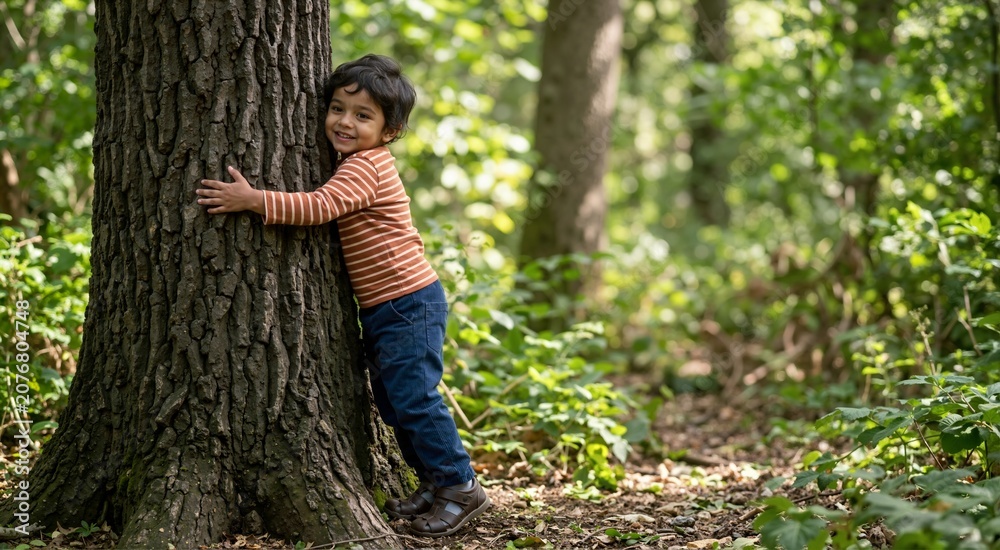 Naklejka premium Smiling Indian toddler boy hugging a large tree trunk in the forest. Happy child embracing nature outdoors. Environmental connection concept