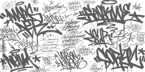 Schilderij op canvas Black and white graffiti tags and street art hand drawn calligraphy sketches on