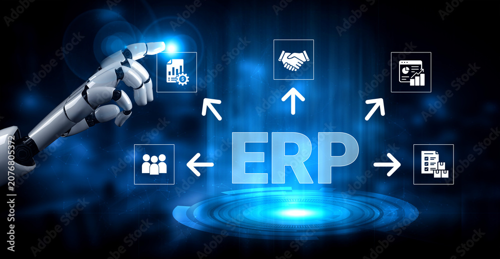 Obraz premium Futuristic Robotic Hand Touching Digital Interface with ERP System Icons for Business Management and Data Processing Solutions. Glyphic.