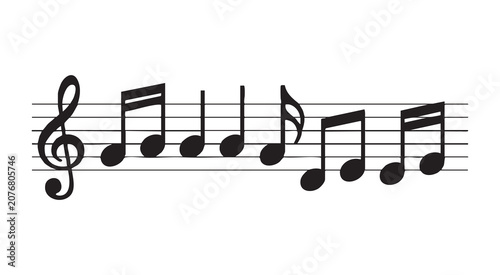 Linear musical staff including several notes and treble clef symbol in bold black graphic execution.