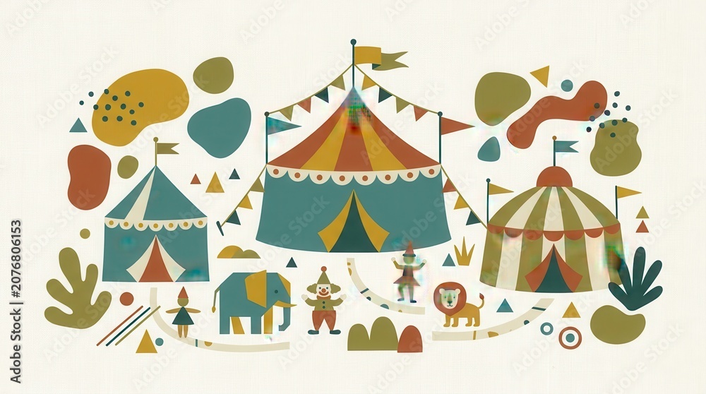 Naklejka premium Lively circus scene with three striped tents, an elephant, clown, lion, and performer