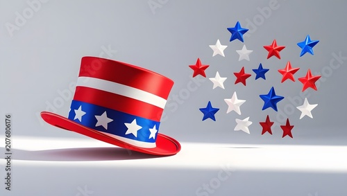 Patriotic Top Hat with Floating Stars on White Background Copy Space