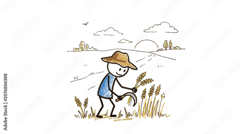 Obraz premium Stick figure farmer wearing a straw hat harvests golden wheat stalks using a sharp silver sickle