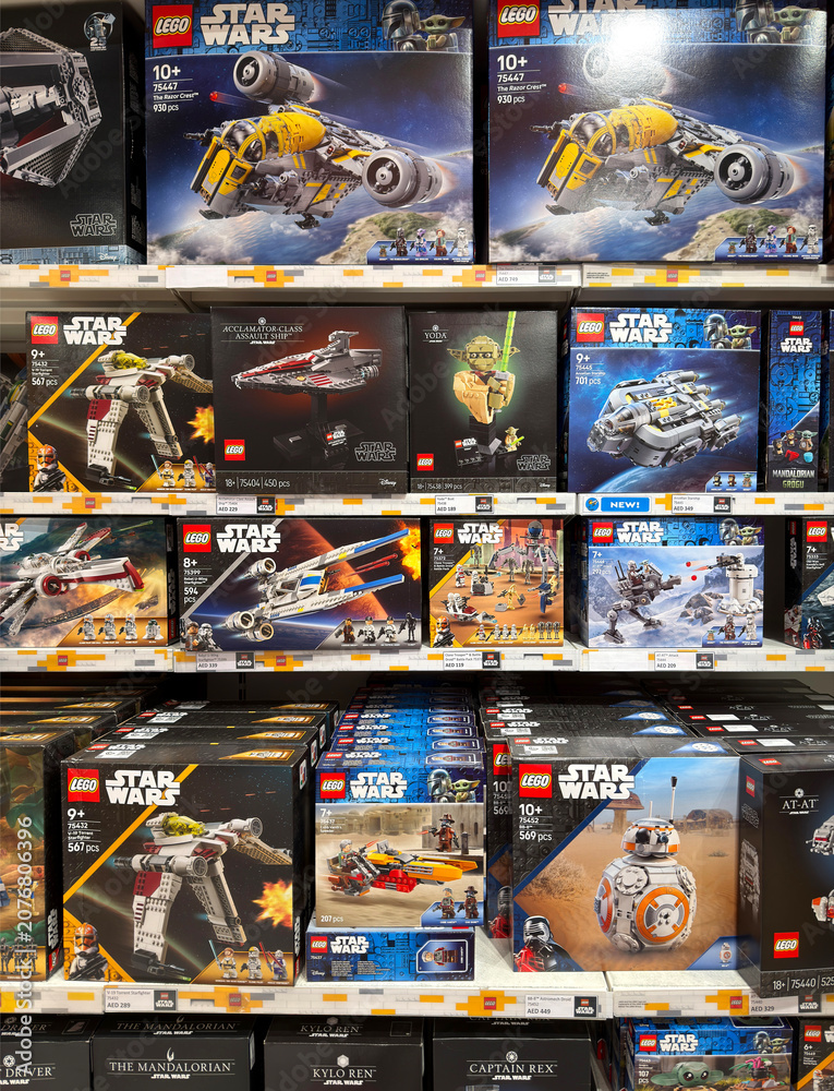 Obraz premium Dubai, UAE - May 26, 2026: Selection of LEGO Star Wars construction sets displayed in toy store. Licensed products combine creative building experience with popular entertainment brands