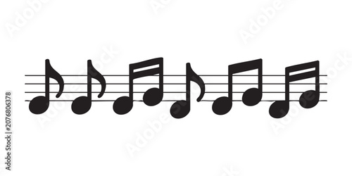 Obraz na plátně Set of black musical eighth and sixteenth notes on horizontal staff lines for creative song design