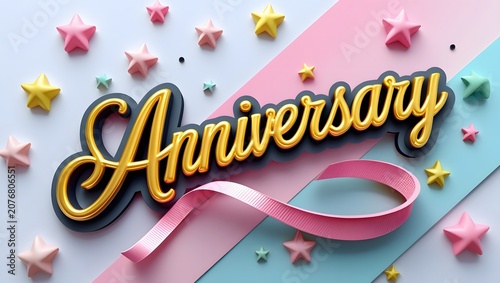 Happy Anniversary Greeting Card with Golden Cursive Text and Pastel Stars