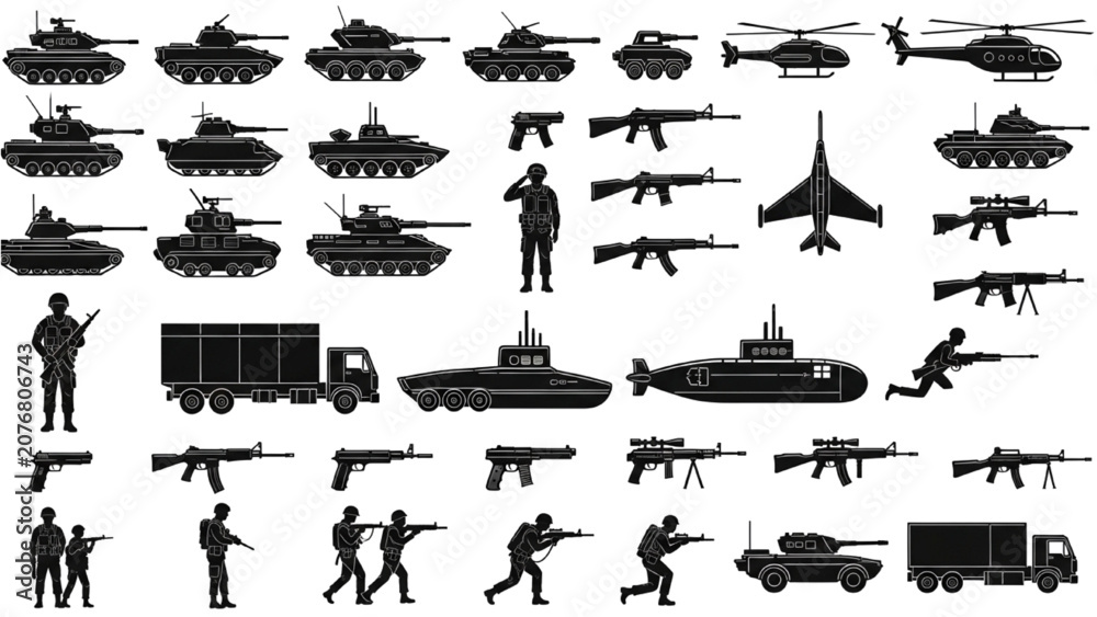 Fototapeta premium Military vehicles and soldiers are armed and ready in a combat zone.