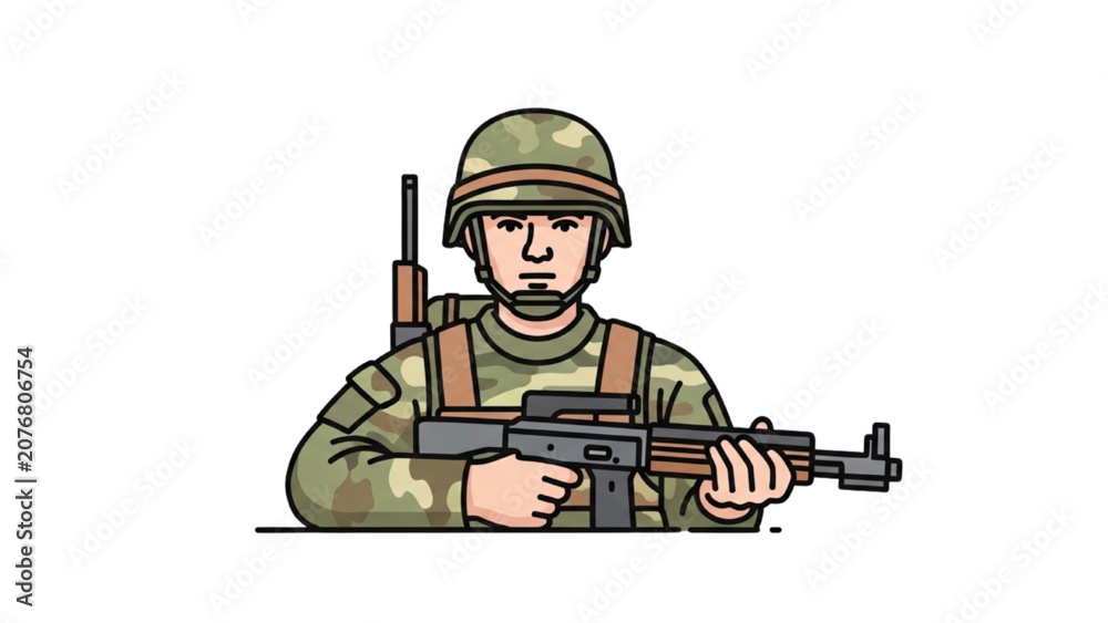 Fototapeta premium Soldier wearing helmet holds rifle and aims in camouflage gear