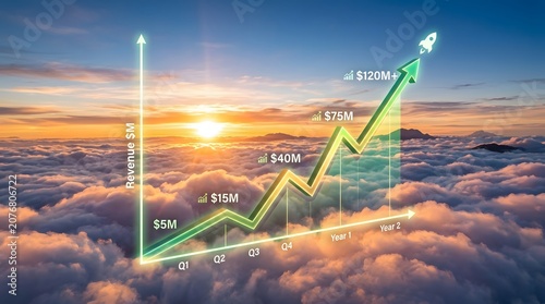 Financial Growth Chart Rising Over Cloudy Landscape with Sunrise Light