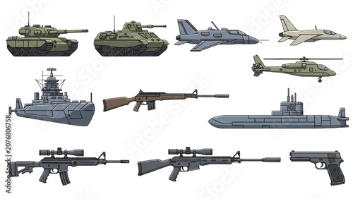 Schilderij op canvas Military vehicles and guns on display on a clean surface
