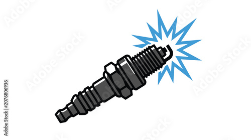 A detailed metallic spark plug illustration featuring a vibrant blue electrical discharge on white paper