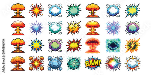 Set of colorful comic book explosion icons and mushroom cloud effects for graphic design