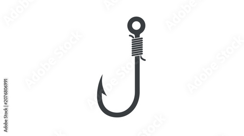 A sharp metallic fishing hook with a tied knot presented as a simple black vector icon