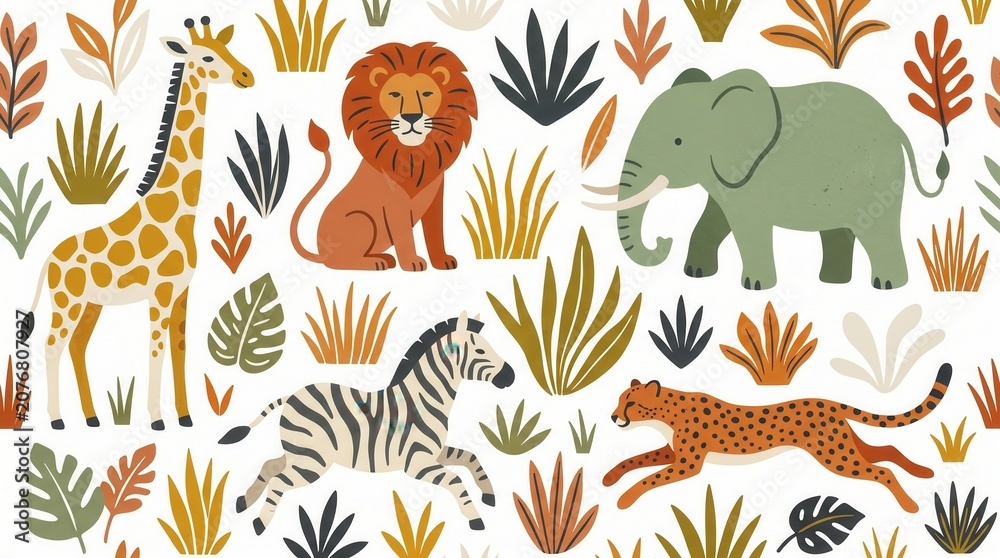 Obraz premium Playful illustration of a giraffe, lion, elephant, zebra, and cheetah in a jungle setting